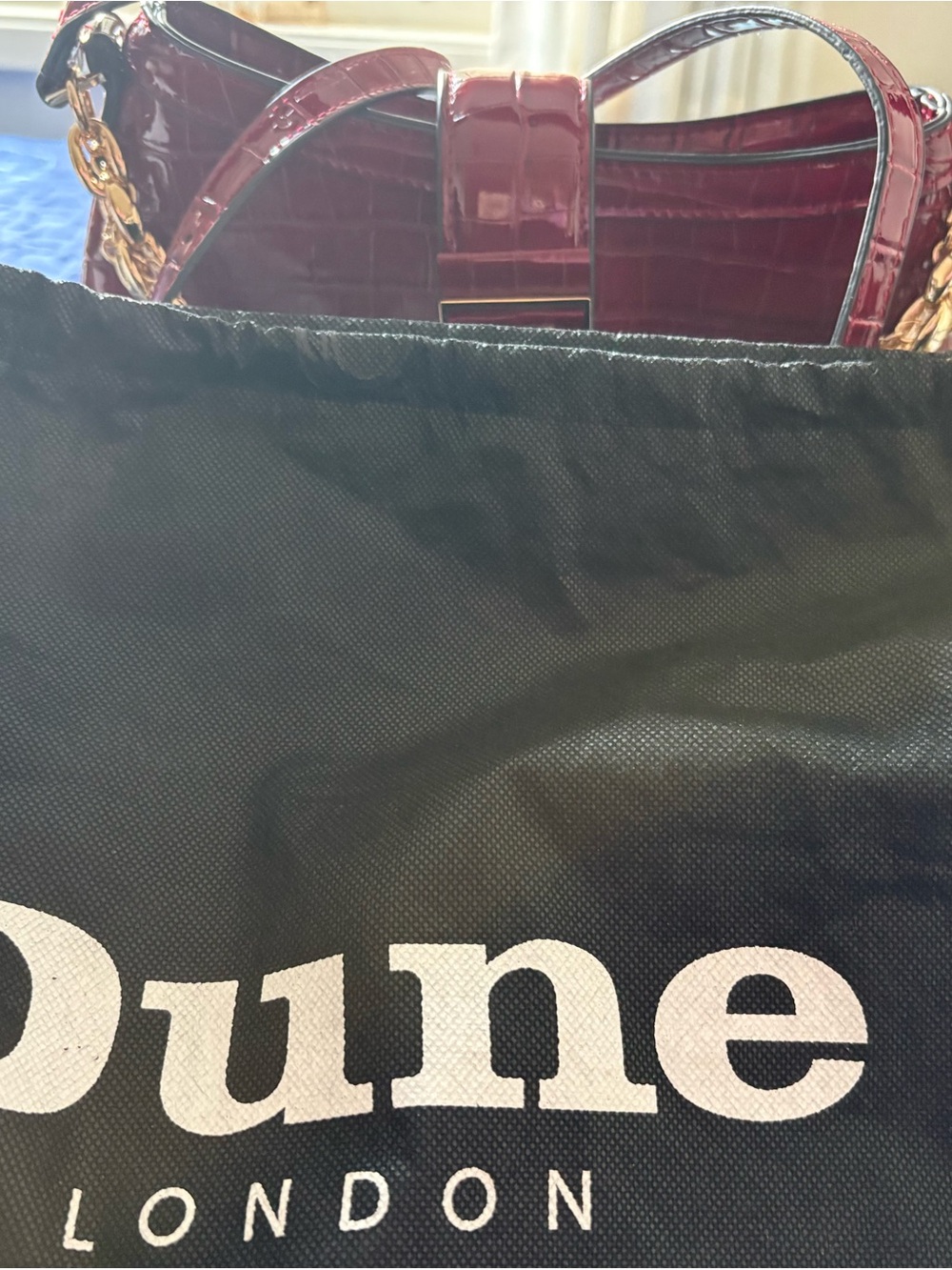 Dune London Burgundy Croc-Effect Patent Crossbody Bag with Gold Chain